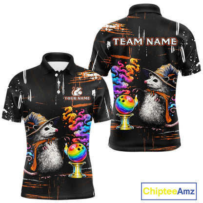 Front and back views of a black short-sleeve polo shirt featuring a colorful printed design of opossum wearing hats, bowling balls, and smoke, with customizable text placeholders 'TEAM NAME' and 'YOUR NAME'.