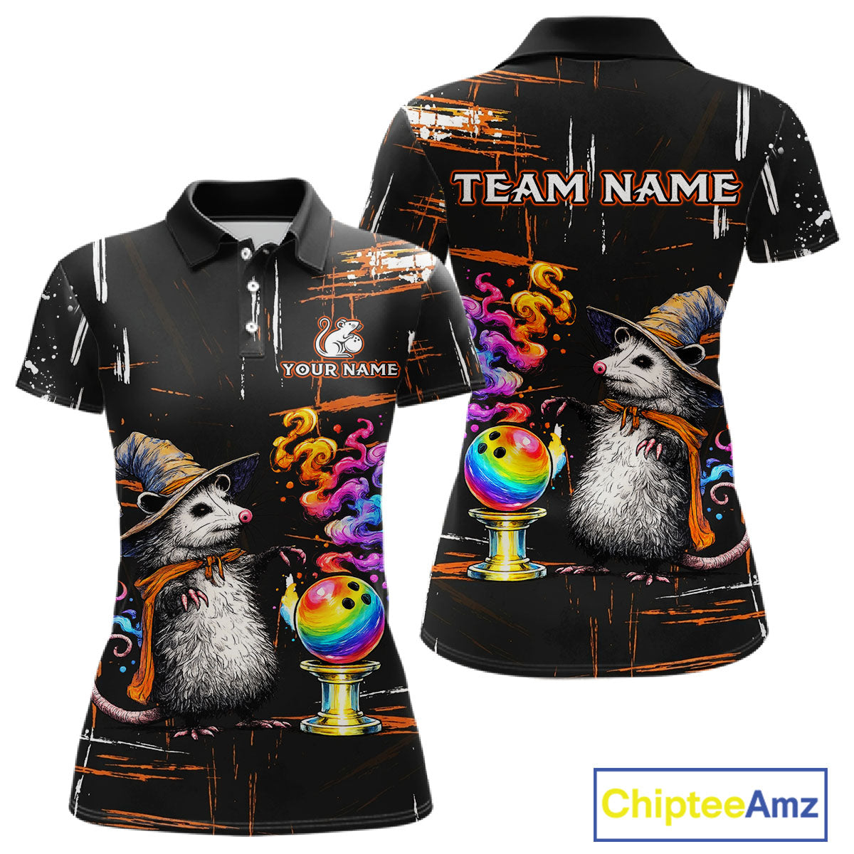 Custom short-sleeve polo shirt shown from the front and back on a white background. The shirt features a black base with a colorful graphic print of two opossums wearing witch hats, bowling balls, and swirling rainbow smoke, with customizable text placeholders 'TEAM NAME' and 'YOUR NAME'.