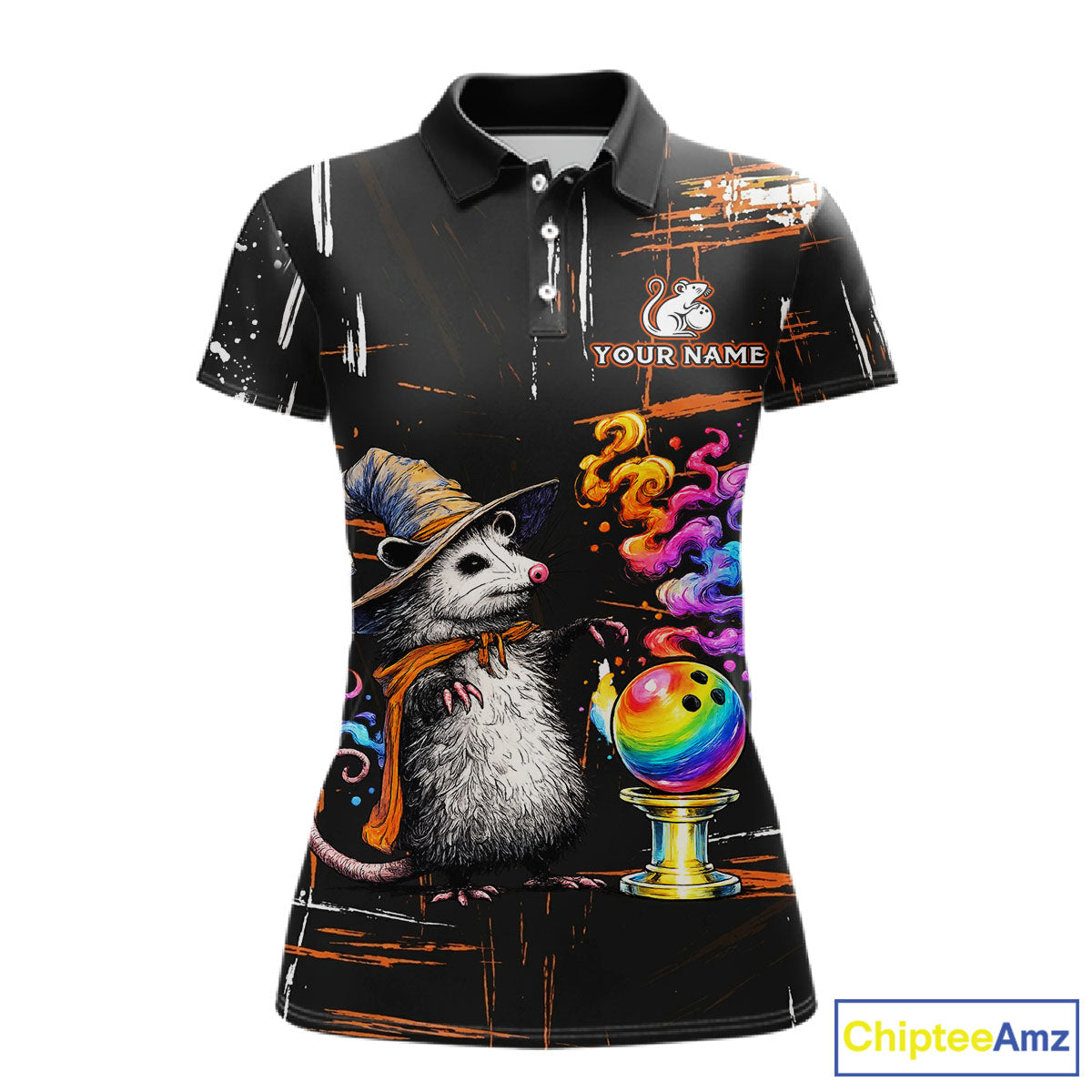 A women's short-sleeve polo shirt with a black base and a detailed graphic print featuring a witch opossum wearing a hat and scarf next to a colorful bowling ball, with 'YOUR NAME' placeholder text on the chest.