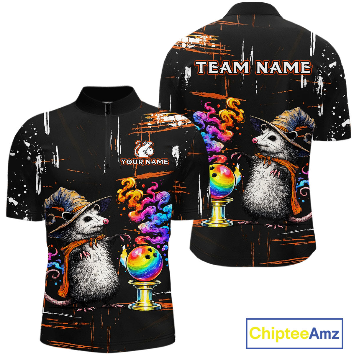 A black short-sleeve polo shirt shown from both front and back, featuring a colorful printed design of an opossum wearing a cowboy hat and scarf beside a rainbow bowling ball on a stand, with customizable text placeholders 'TEAM NAME' and 'YOUR NAME'.
