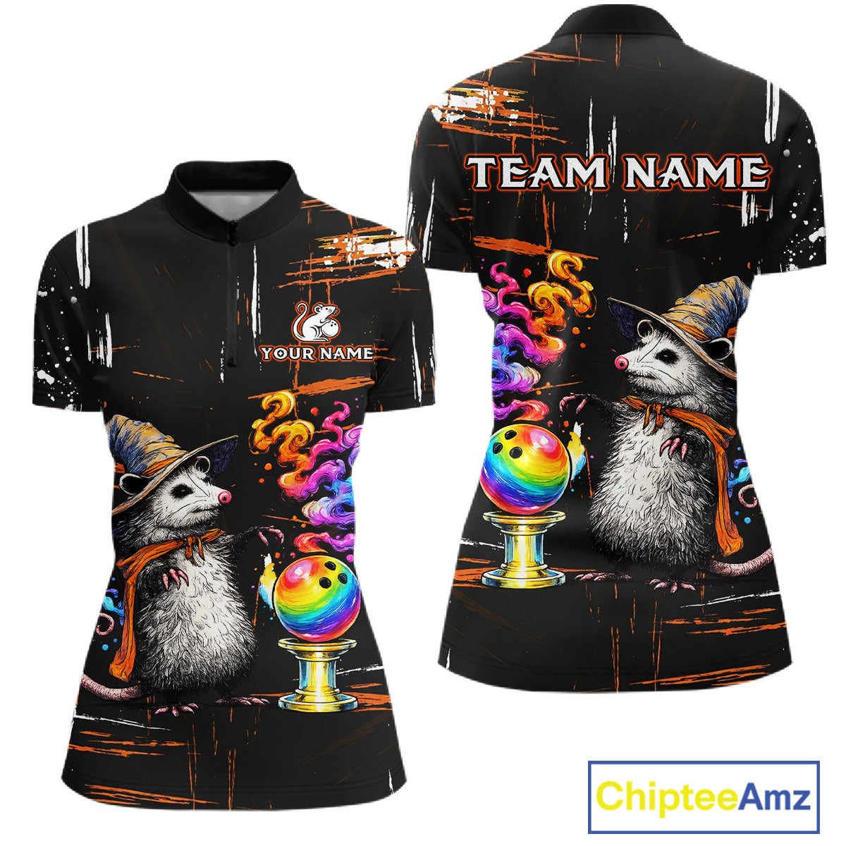 A black short-sleeve polo shirt shown from the front and back, featuring a printed design of two gray hedgehogs wearing witch hats beside colorful rainbow bowling balls on gold stands, with customizable text areas reading 'TEAM NAME' and 'YOUR NAME'. The background is plain white.