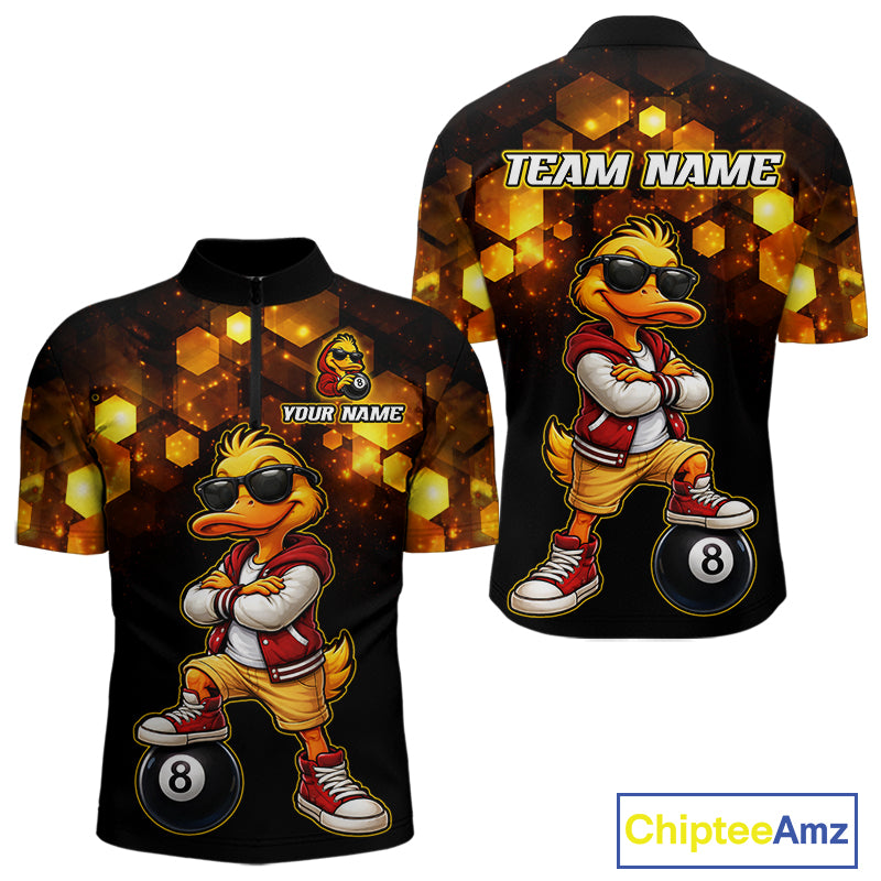 Custom Black & Gold Funny Duck Billiard Shirt for Men Billiard Jersey League 8 Ball Pool for Couples BHT14