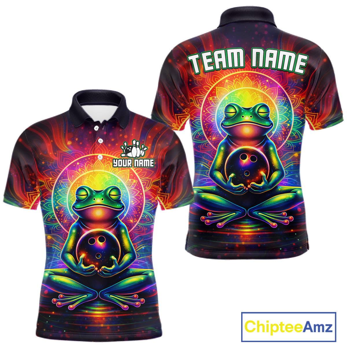Front and back view custom zen frog bowling polo shirt featuring a vibrant neon frog with bowling ball, glowing cosmic background and colorful psychedelic pattern