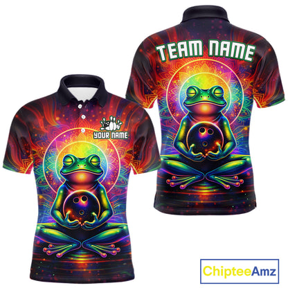 Front and back view custom zen frog bowling polo shirt featuring a vibrant neon frog with bowling ball, glowing cosmic background and colorful psychedelic pattern