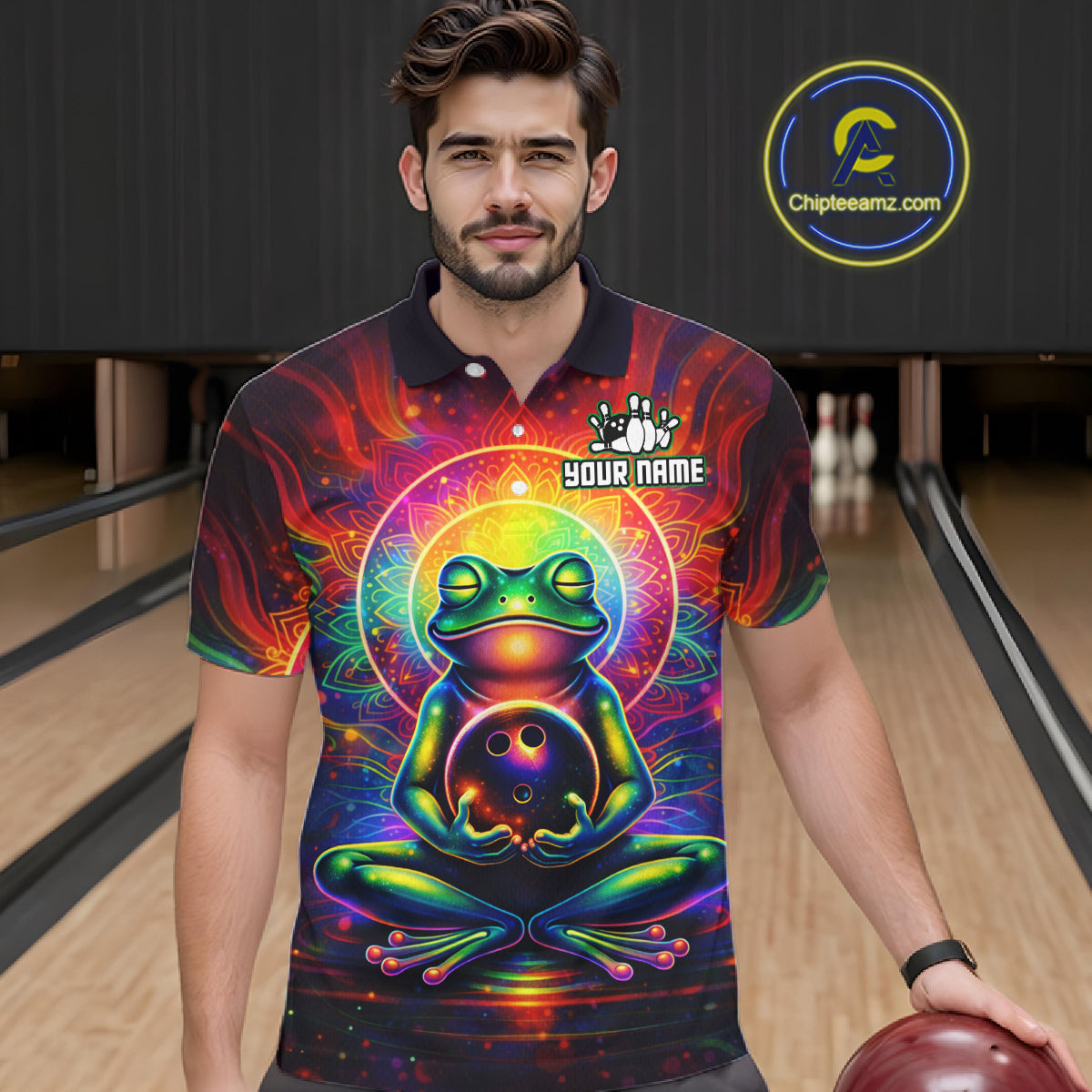 Male model wearing a custom zen frog bowling polo shirt front view featuring a vibrant neon frog, bowling ball, glowing cosmic background and colorful psychedelic pattern at the bowling alley