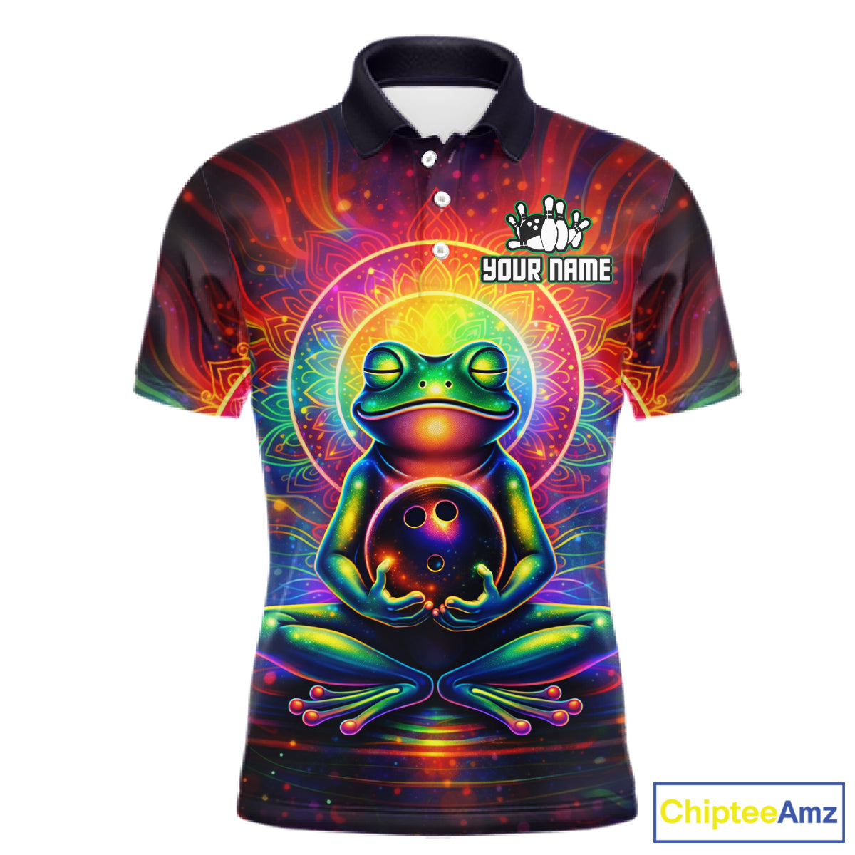 Front view custom frog bowling polo shirt featuring a vibrant neon frog with bowling ball, glowing cosmic background and colorful psychedelic pattern