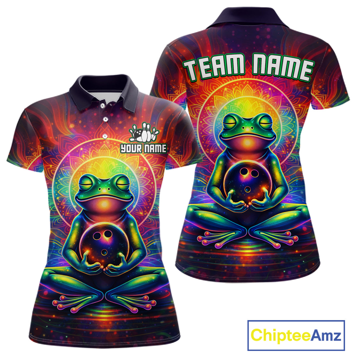 Front and back view custom zen frog bowling polo shirt featuring a vibrant neon frog with bowling ball, glowing cosmic background and colorful psychedelic pattern