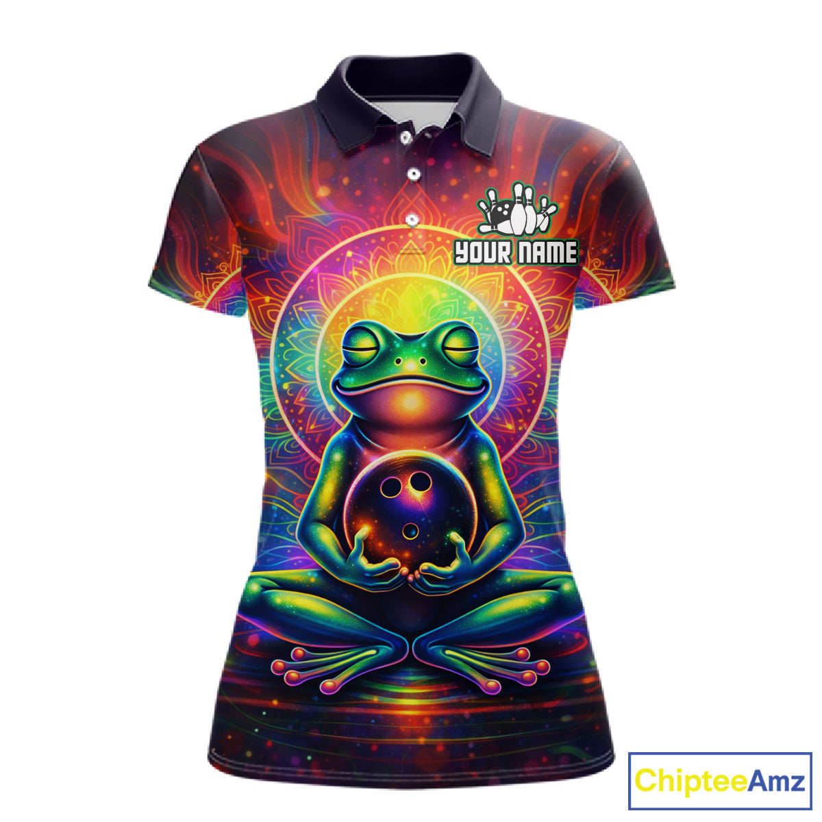 Front view custom frog bowling polo shirt featuring a vibrant neon frog with bowling ball, glowing cosmic background and colorful psychedelic pattern