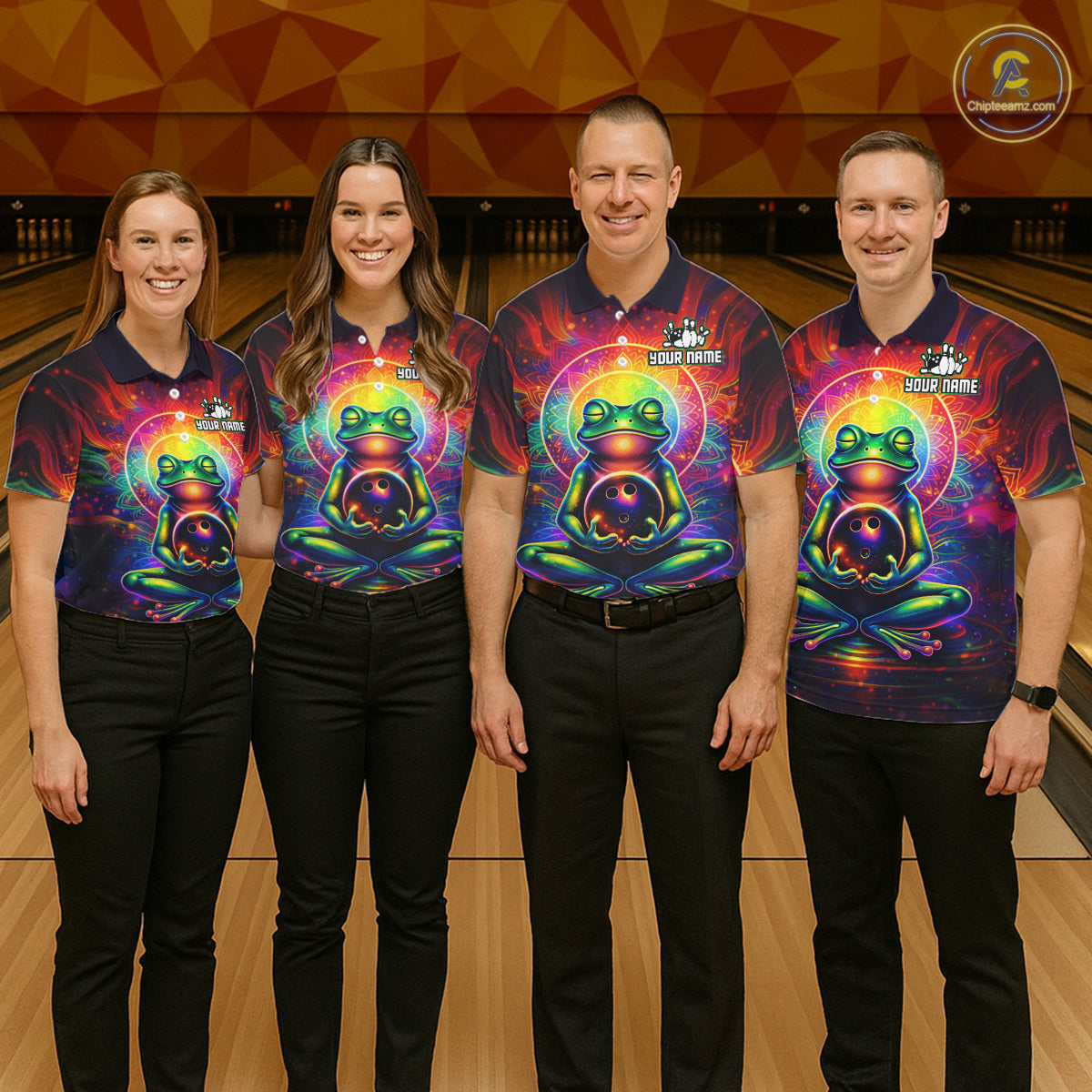 Group of four wearing custom zen frog bowling shirts front view featuring vibrant neon frog artwork with bowling ball, glowing cosmic background and colorful psychedelic pattern at the bowling alley