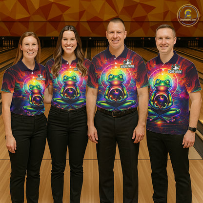 Group of four wearing custom zen frog bowling shirts front view featuring vibrant neon frog artwork with bowling ball, glowing cosmic background and colorful psychedelic pattern at the bowling alley