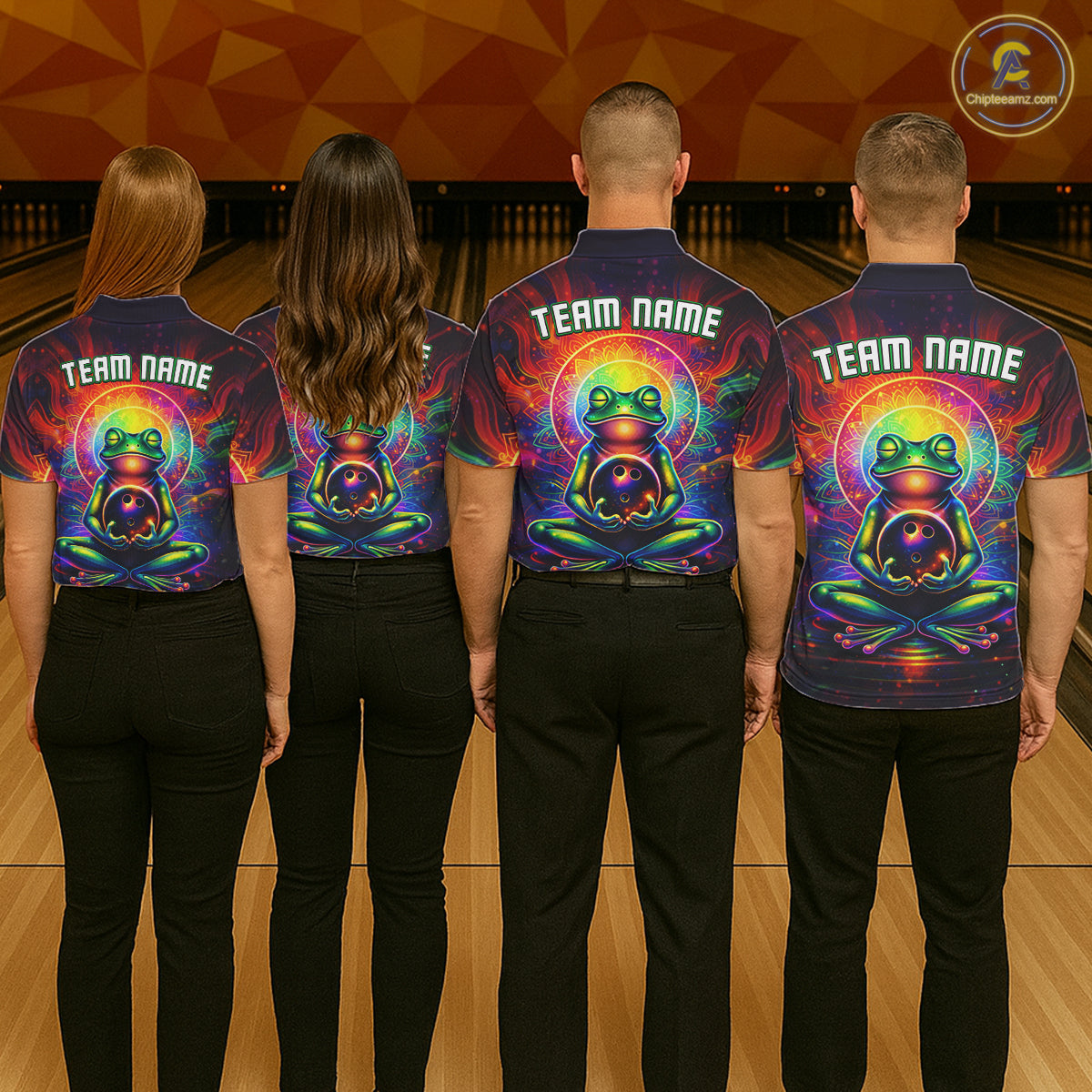 Group of four wearing custom zen frog bowling shirts front view featuring vibrant neon frog artwork with bowling ball, glowing cosmic background and colorful psychedelic pattern at the bowling alley