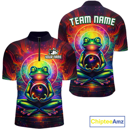 Front and back view custom zen frog bowling quarter-zip shirt featuring a vibrant neon frog with bowling ball, glowing cosmic background and colorful psychedelic design