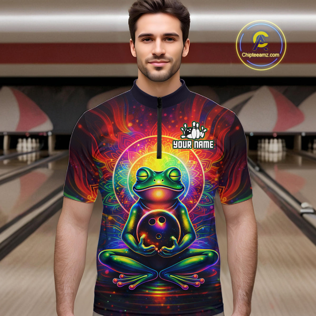 Male model wearing a custom zen frog bowling quarter-zip shirt front view featuring a vibrant neon frog, bowling ball, glowing cosmic background and colorful psychedelic pattern at the bowling alley