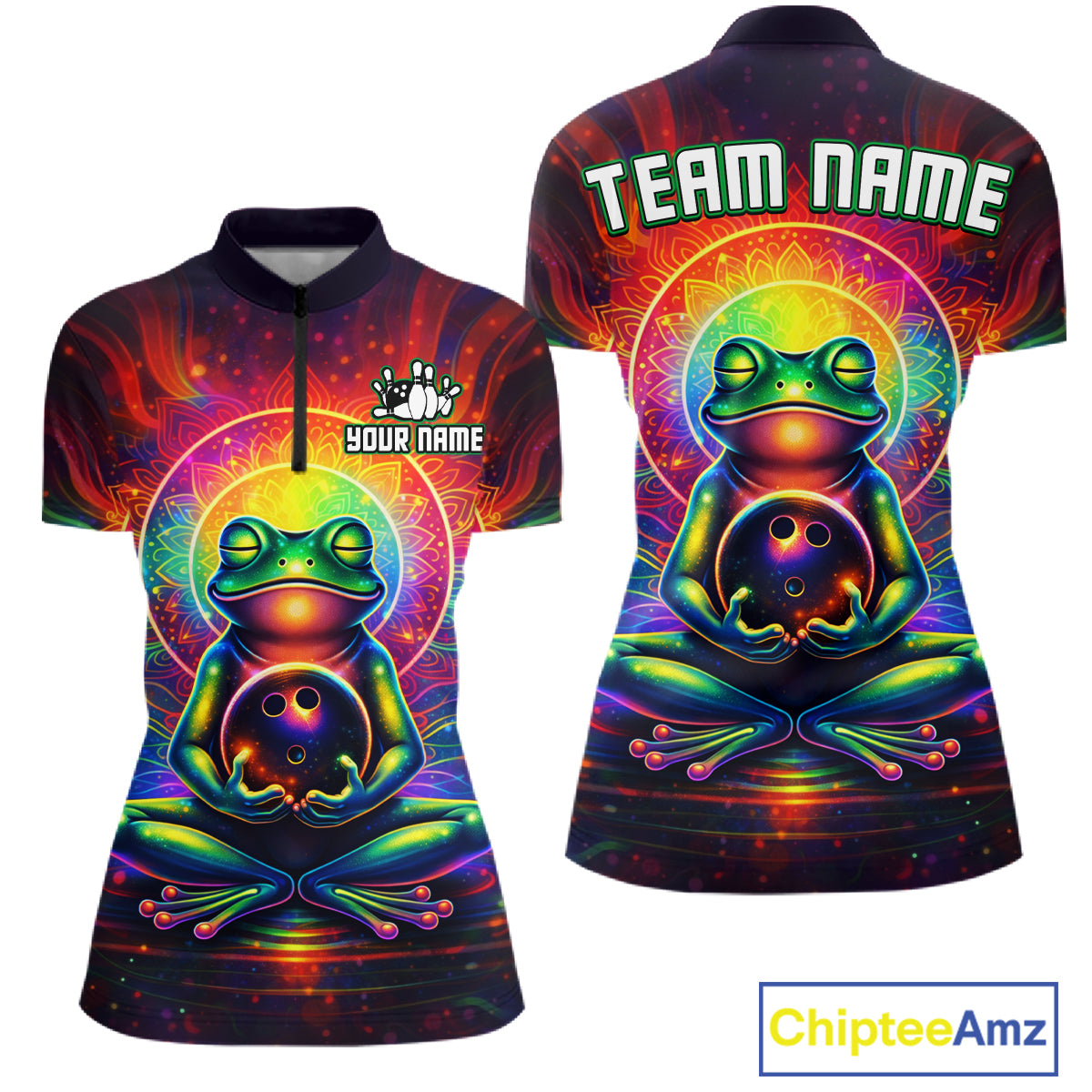Front and back view custom zen frog bowling quarter-zip shirt featuring a vibrant neon frog with bowling ball, glowing cosmic background and colorful psychedelic design