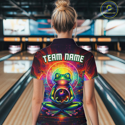 Female model wearing a custom zen frog bowling polo shirt back view displaying the personalized team name above a vibrant neon frog artwork at the bowling alley