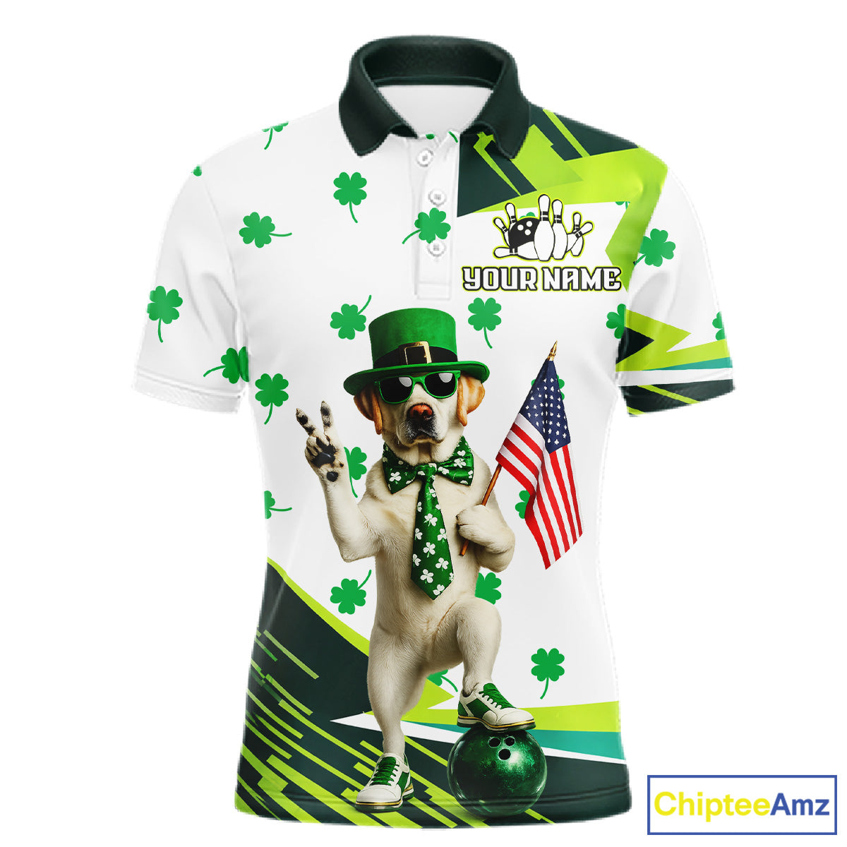 Custom Green Funny Golden Retriever Dog Bowling Shirt Samrock Pattern Bowling St. Patrick Day for Men QZT936