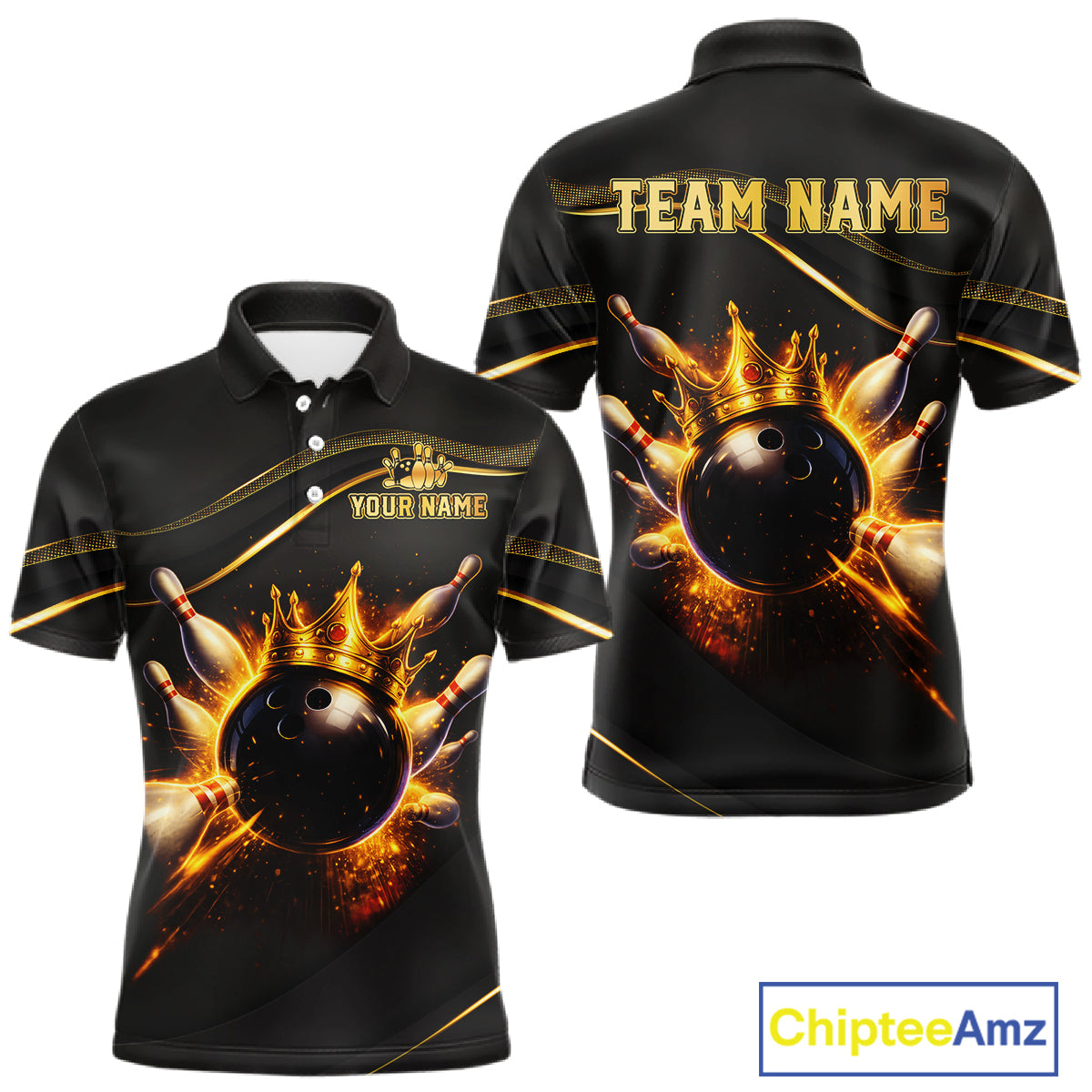 Front and back view custom black gold bowling polo shirt featuring a fiery bowling ball, flame burst effect and gold stripe pattern, displaying Your Name and Team Name