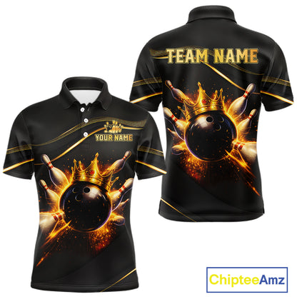 Front and back view custom black gold bowling polo shirt featuring a fiery bowling ball, flame burst effect and gold stripe pattern, displaying Your Name and Team Name