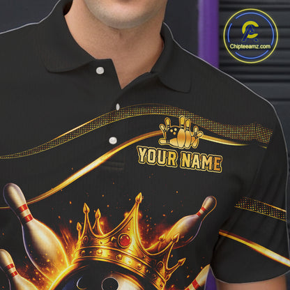 Close-up front view of custom black gold bowling polo shirt showing Your Name, fiery bowling ball graphic and gold stripe pattern