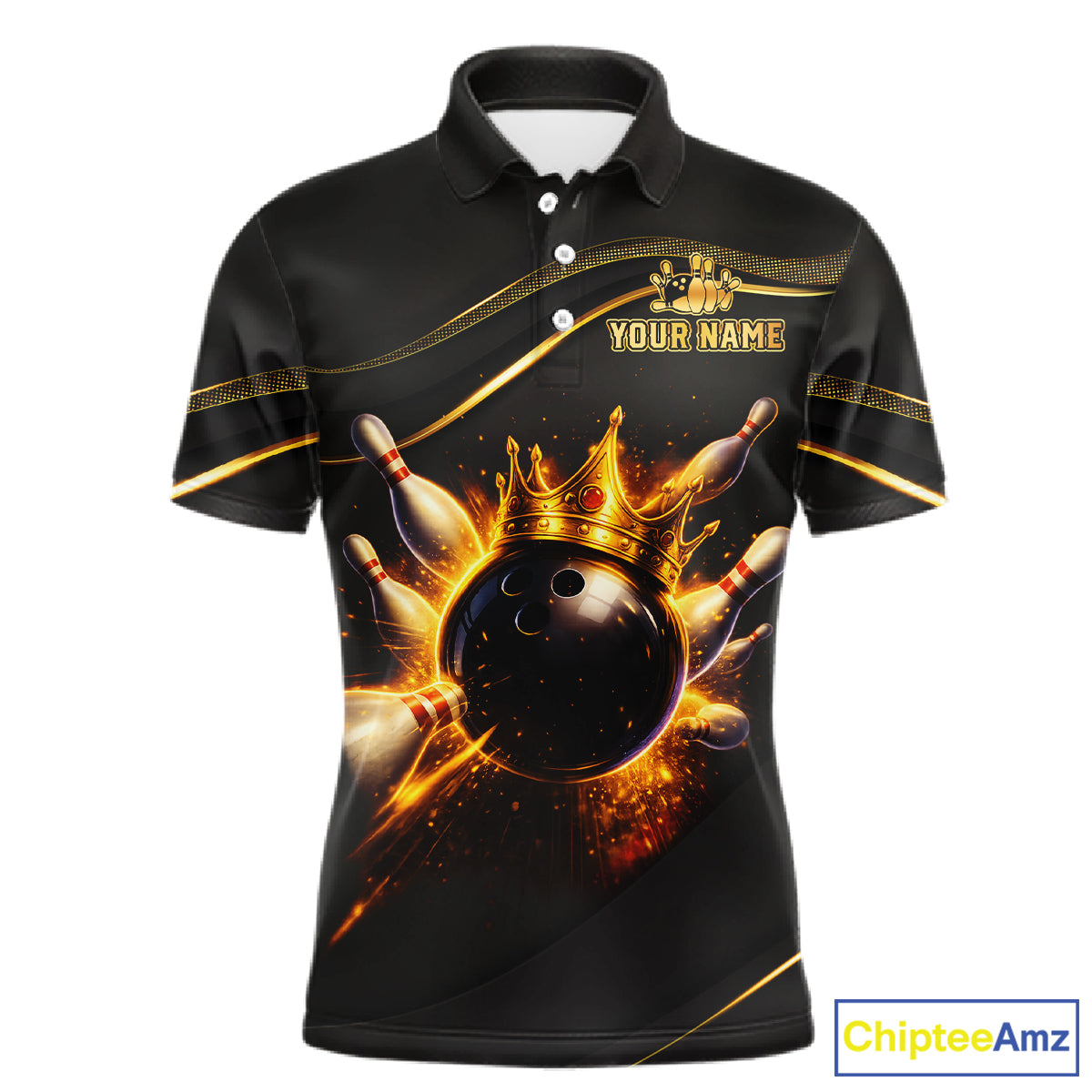Front view custom black gold bowling polo shirt featuring a fiery bowling ball, flame burst effect and gold stripe pattern, displaying Your Name 