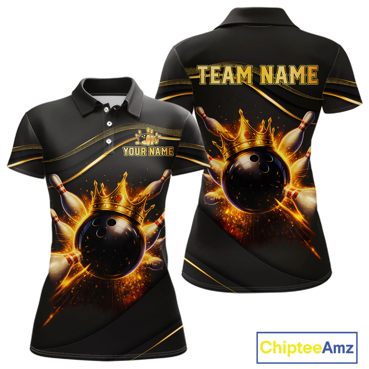 Front and back view custom black gold bowling polo shirt featuring a fiery bowling ball, flame burst effect and gold stripe pattern, displaying Your Name and Team Name