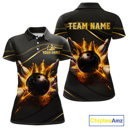 Front and back view custom black gold bowling polo shirt featuring a fiery bowling ball, flame burst effect and gold stripe pattern, displaying Your Name and Team Name