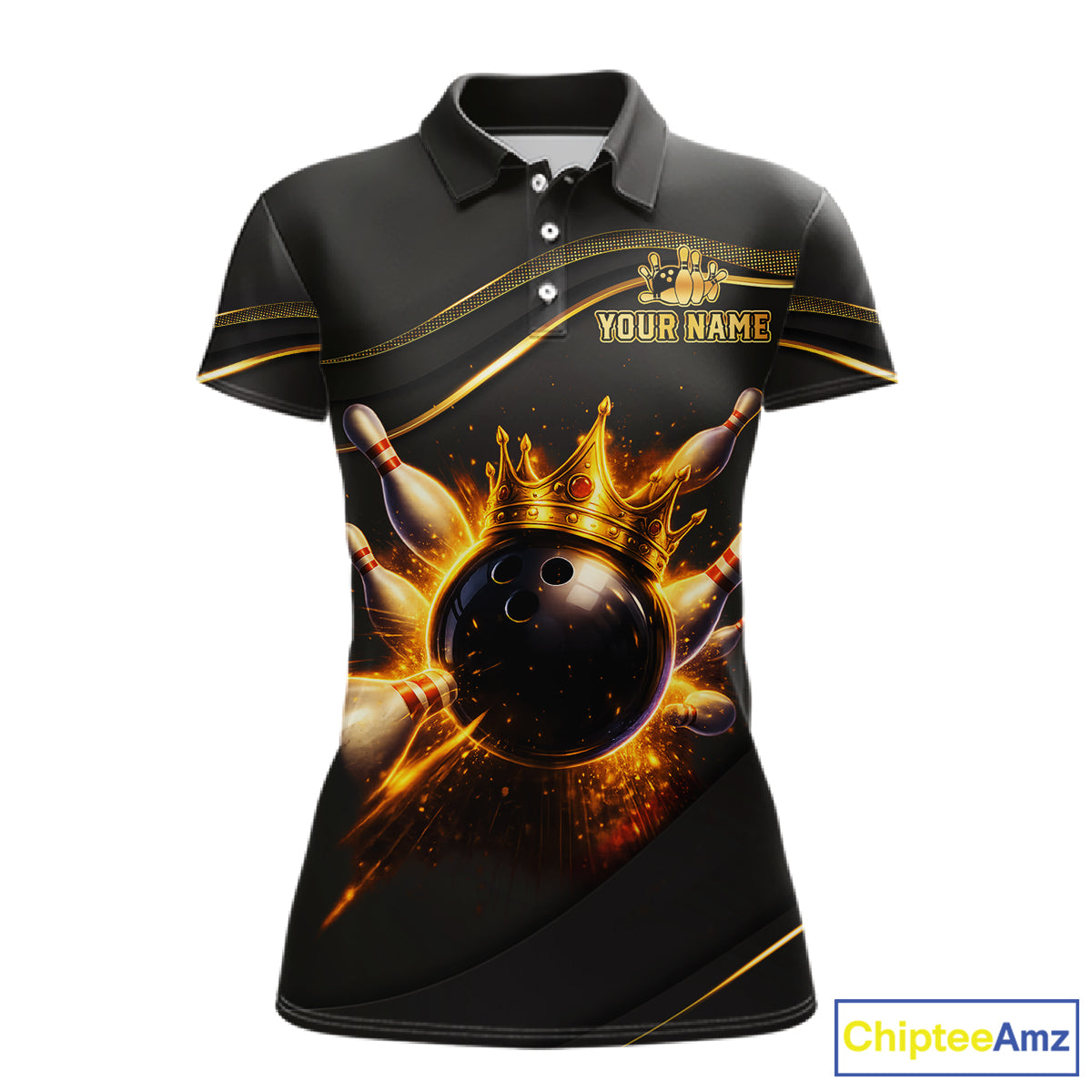Front and back view custom black gold bowling polo shirt featuring a fiery bowling ball, flame burst effect and gold stripe pattern, displaying Your Name and Team Name