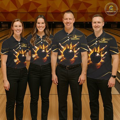 Group of four wearing custom black gold bowling shirts front view featuring a fiery bowling ball and flame burst effect at the bowling alley