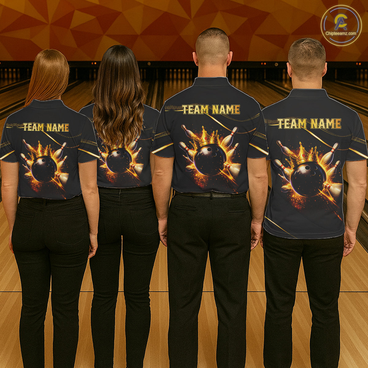 Group of four wearing custom black gold bowling shirts back view featuring a fiery bowling ball and flame burst effect, displaying Team Name, at the bowling alley
