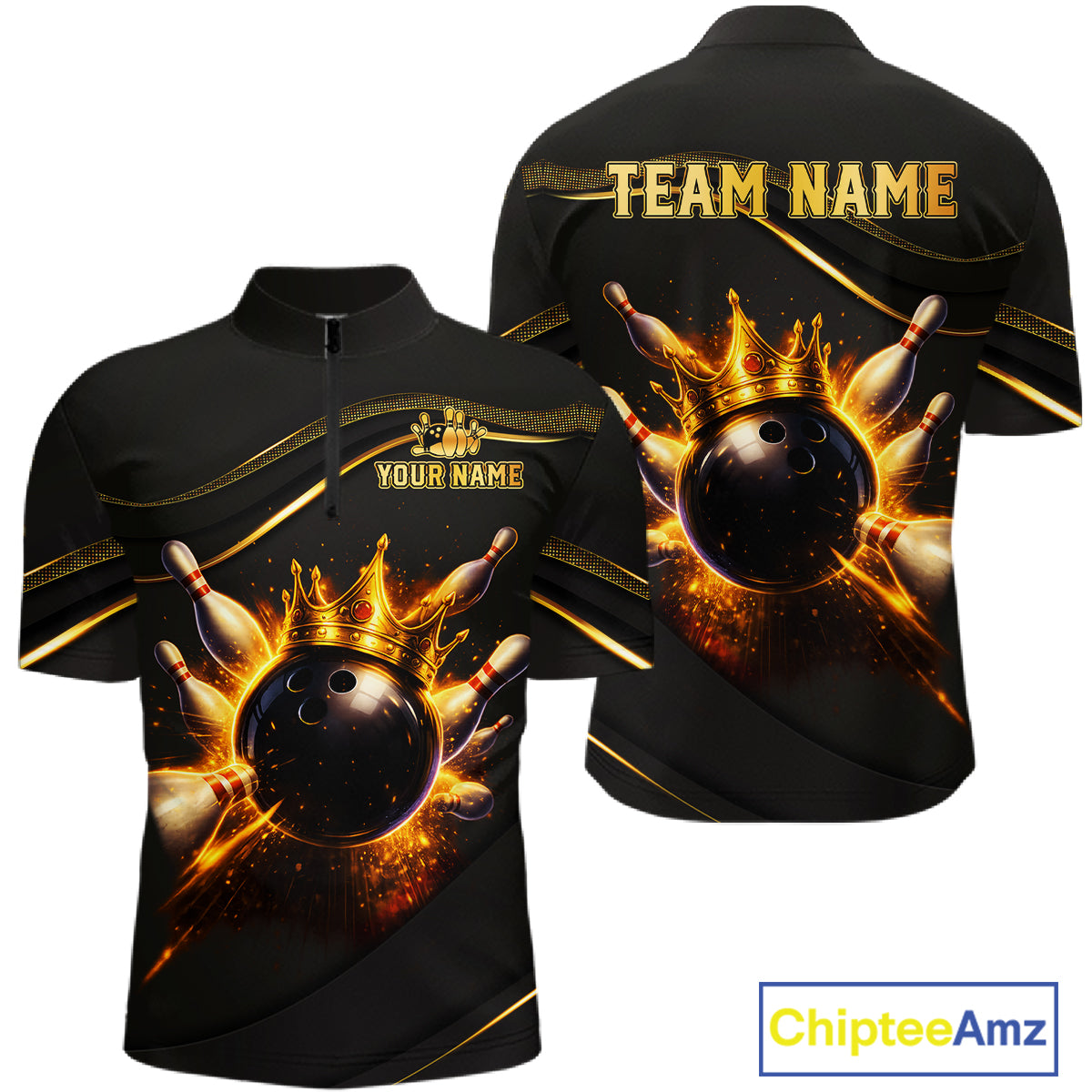 Front and back view custom black gold bowling quarter-zip shirt featuring a fiery bowling ball, flame burst effect and gold stripe pattern, displaying Your Name and Team Name