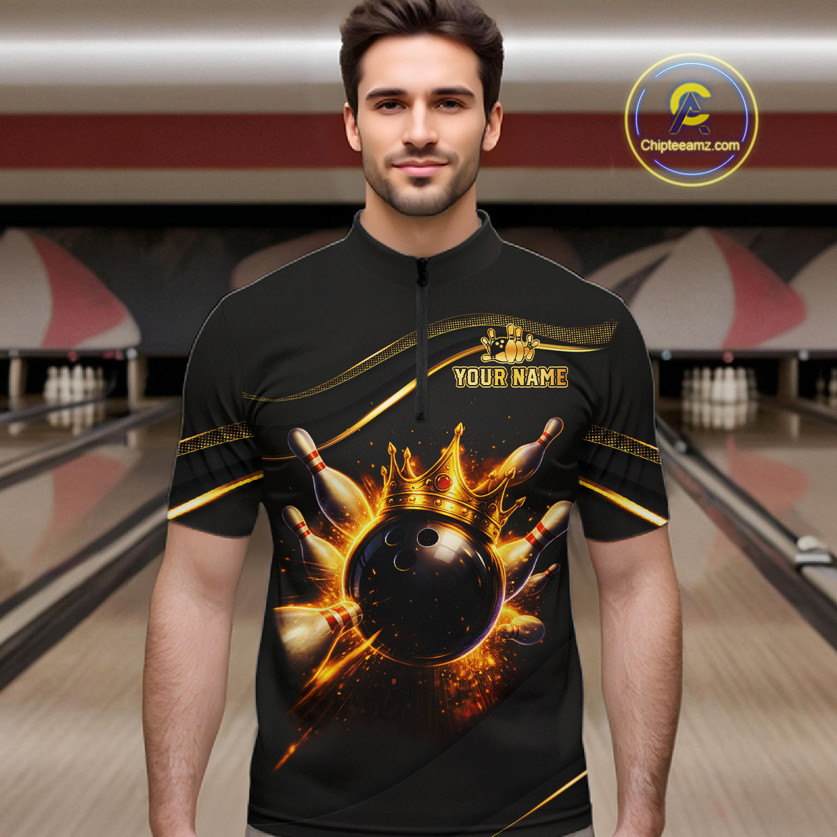 Man wearing custom black gold bowling quarter-zip shirt front view featuring a fiery bowling ball and flame burst effect, displaying Your Name, at the bowling alley