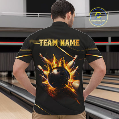 Man wearing custom black gold bowling quarter-zip shirt back view featuring a fiery bowling ball and flame burst effect, displaying Team Name, at the bowling alley