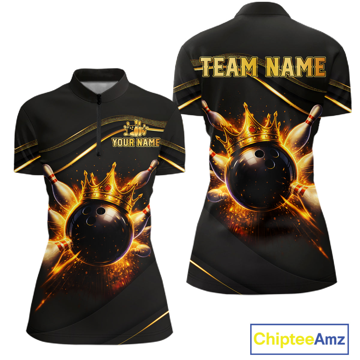 Black short-sleeve bowling-themed quarter-zip shirt shown from front and back on a white background. The front and back feature a large glossy bowling ball with a gold crown and fiery orange explosion graphic, plus customizable text reading TEAM NAME and YOUR NAME.