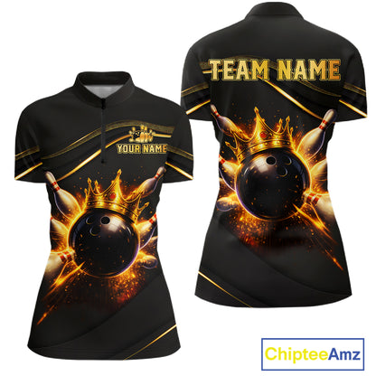 Black short-sleeve bowling-themed quarter-zip shirt shown from front and back on a white background. The front and back feature a large glossy bowling ball with a gold crown and fiery orange explosion graphic, plus customizable text reading TEAM NAME and YOUR NAME.