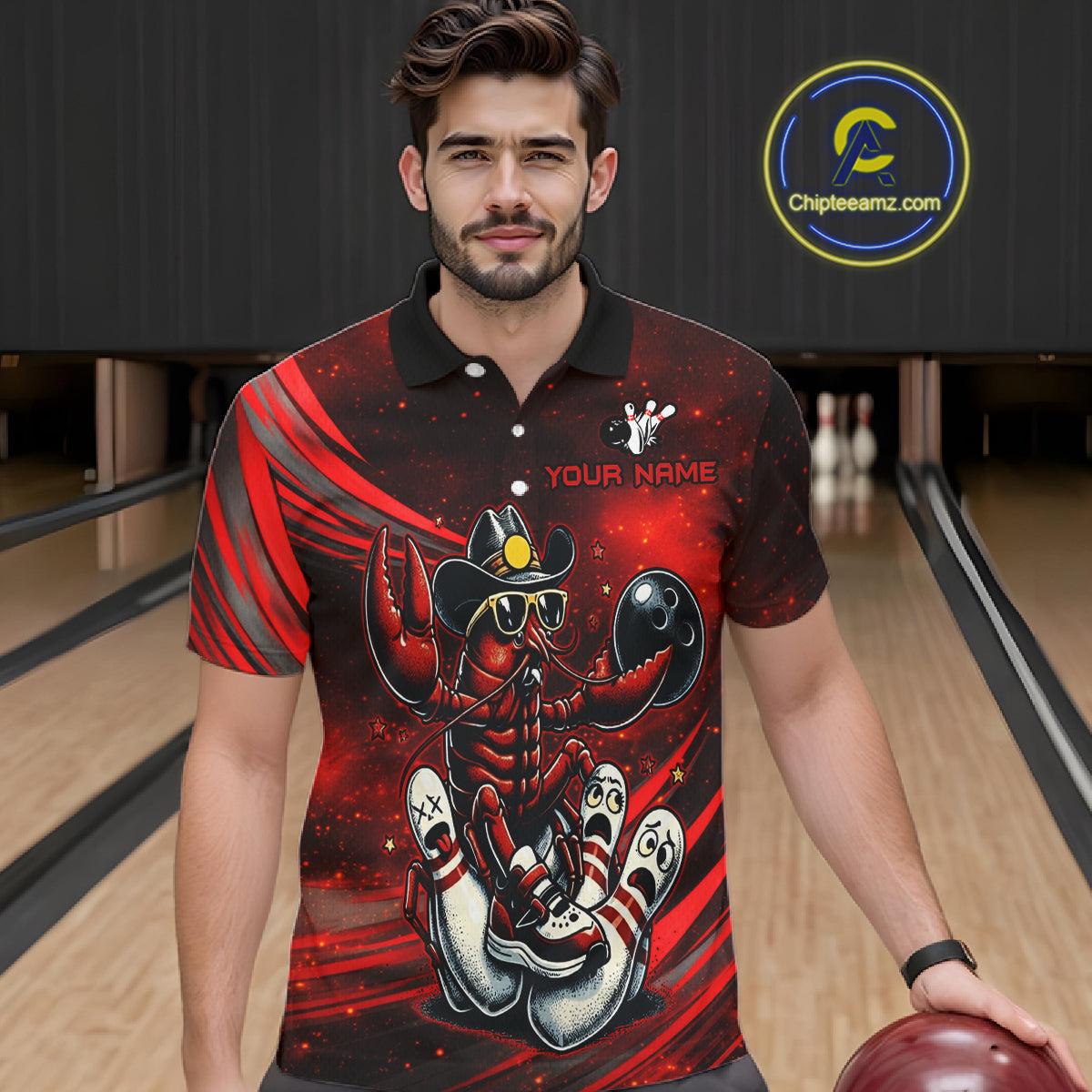 Man wearing a red and black bowling shirt with a design on a bowling alley.