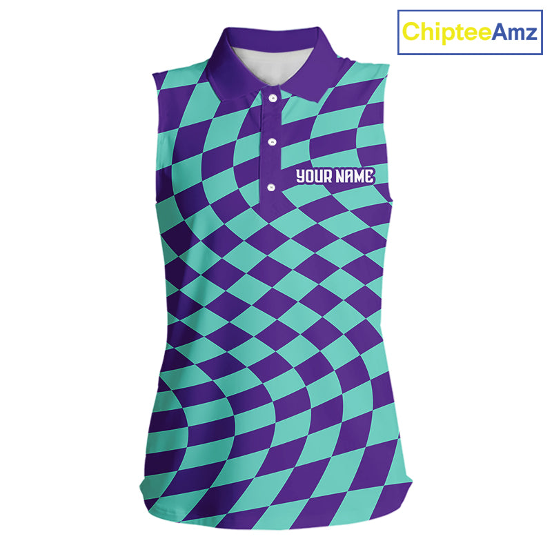 Plaid Womens Sleeveless Golf Polo Shirts Custom Purple & Blue Checkerboard Argyle Pattern Golf Shirt NHN0129