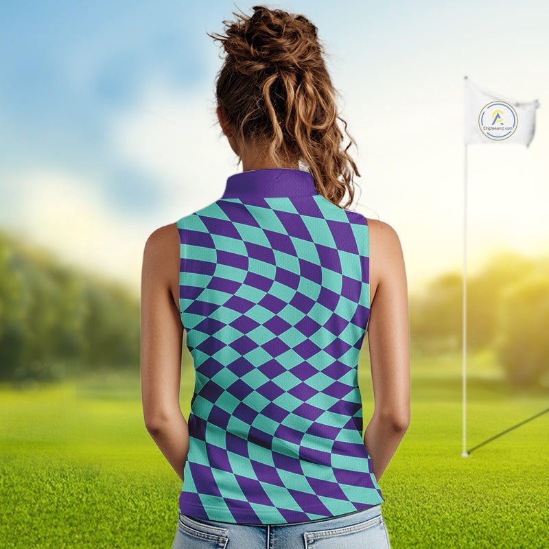 Plaid Womens Sleeveless Golf Polo Shirts Custom Purple & Blue Checkerboard Argyle Pattern Golf Shirt NHN0129
