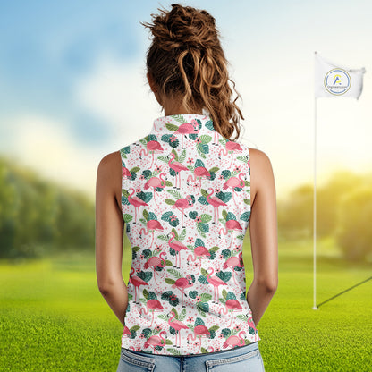 Womens Sleeveless Golf Polo Shirt Floral Flamingo Pattern Tropical Leaves Custom Team Golf Polo NHN0021
