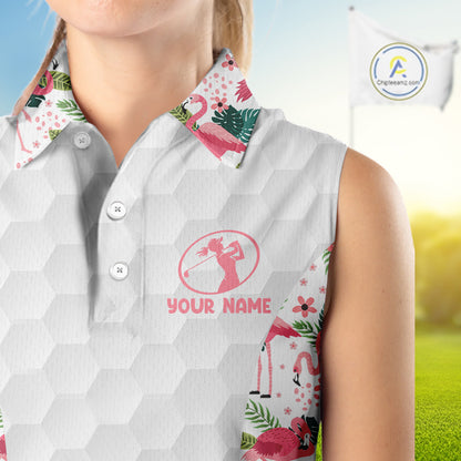 Womens Sleeveless Golf Polo Shirt Floral Flamingo Pattern Tropical Leaves Custom Team Golf Polo NHN0021