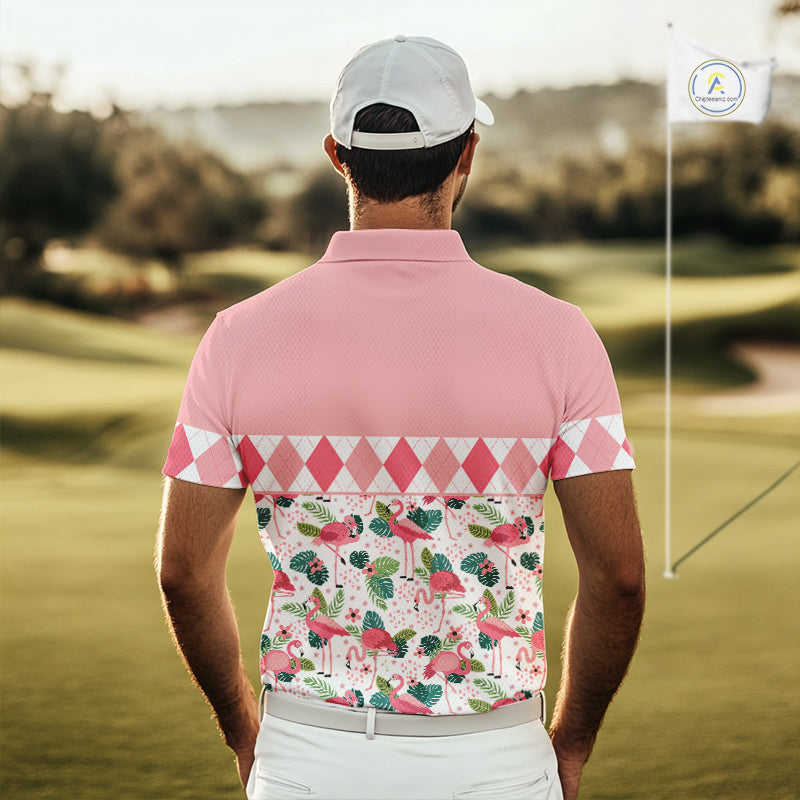 Flamingo Argyle Pattern Mens Golf Polo Shirt Funny Floral Custom Golf Shirt Unique Golfer Gift Apparel NHN0022