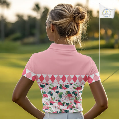 Flamingo Argyle Pattern Womens Golf Polo Shirt Funny Floral Custom Golf Shirt Unique Golfer Gift Apparel NHN0022