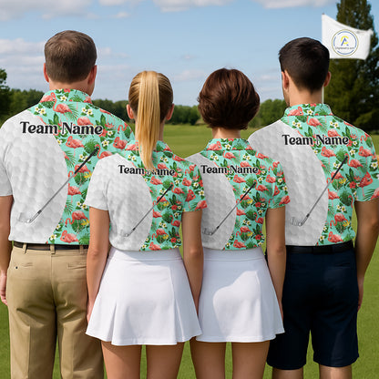 Custom Womens Golf Polo Shirt, Green Tropical Pink Flamingo Pattern Personalized Ladies Golf Top NHN0023