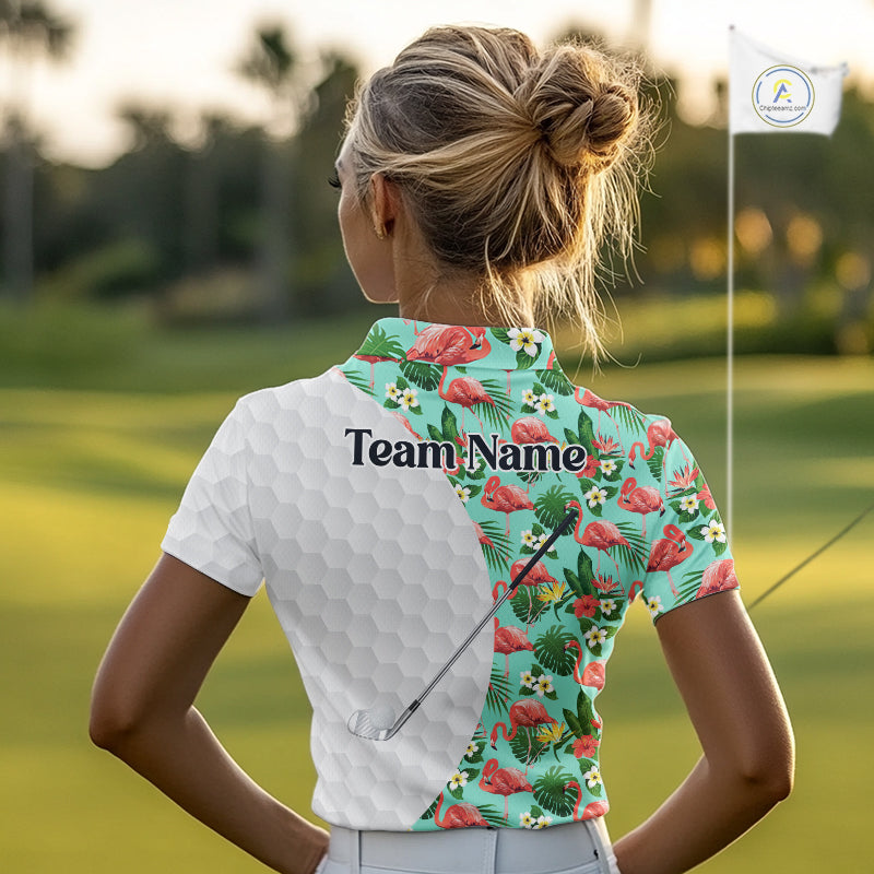 Custom Womens Golf Polo Shirt, Green Tropical Pink Flamingo Pattern Personalized Ladies Golf Top NHN0023