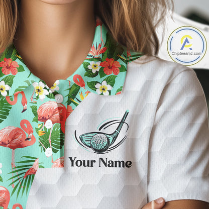 Custom Womens Golf Polo Shirt, Green Tropical Pink Flamingo Pattern Personalized Ladies Golf Top NHN0023
