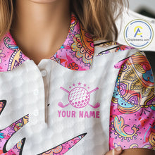Load image into Gallery viewer, Pink Paisley Pattern Womens Golf Polo Shirt Custom Tropical Golf Attire For Ladies, Golf Gifts NHN0149