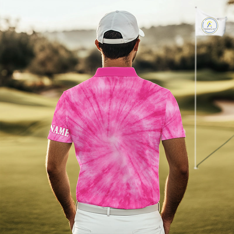 Breast Cancer Golf Shirt Custom Pink Tie Dye Pattern Mens Golf Polo Shirt Personalized Golf Gifts NHN0153