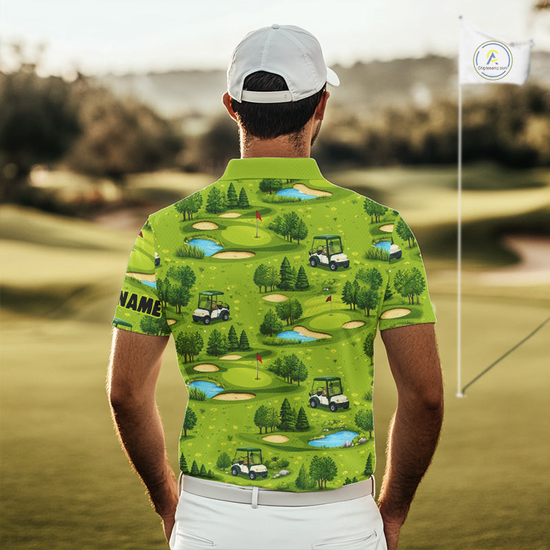 Mens Golf Polo Shirt Custom Gofl Ball Green Golf Course Pattern Team Golf Tops, Golf Gifts NHN0163
