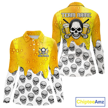 Beer Skull Womens Long Sleeve Golf Polo Shirt Custom Name Funny Team Golf Tops For Ladies, Golf Gifts NHN0166