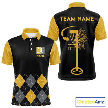 Argyle Pattern Mens Disc Golf Polo Shirt Yellow Disc Golf Basket Quarter Zip With Custom Name & Number NHN0036