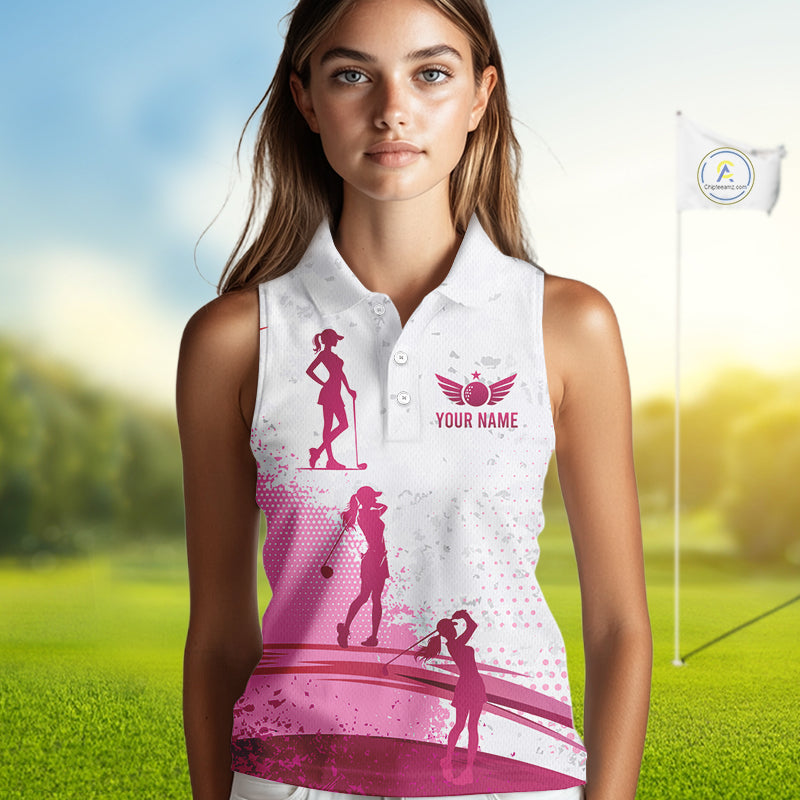 Pink White Womens Golf Polo Shirts Custom Name Golf Shirts For Women Sleeveless Personalized Golf Ball Gifts NHN0037